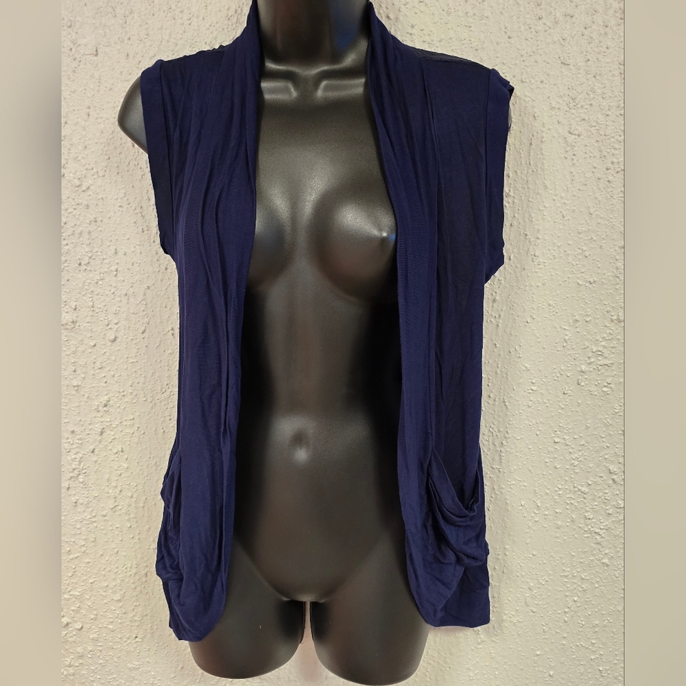 Sleeveless Draped Open-Front Tunic Vest - Navy